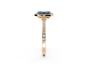 Halo Engagement Ring Setting for Fancy Blue Emerald Cut Center with Pave Accents, Heart Basket and Prong Head in Rose Gold