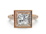 Milgrain Halo Engagement Ring Setting for Princess Cut Center with Three-Sided Pave Band and Prong Head in Rose Gold