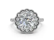 Milgrain Floral Halo Engagement Ring Setting for Round Cut Center with Pave Band and Prong Head in Sterling Silver