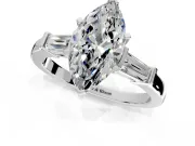 3 Stone Engagement Ring Setting for Marquise Center with Channel Baguette Accents and Prong Head in Platinum
