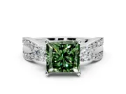 3 Stone Engagement Ring Setting for Fancy Green Princess Cut Center with Pave Twist Band and Prong Head in Platinum