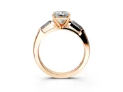 3 Stone Engagement Ring Setting for Radiant Cut Center with Tapered Baguettes, Plain Band and Prong Head in Rose Gold