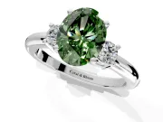 3 Stone Engagement Ring Setting for Fancy Green Oval Center with Wide Plain Band and Prong Head in Sterling Silver
