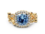 Halo Engagement Ring Setting for Fancy Blue Cushion Cut Center with Leaf Motif Split Shank and Prong Head in Yellow Gold