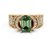 Pave Engagement Ring Setting for Fancy Green Emerald Cut Center with Curved Accent Rows, Openwork and Prong Head in Yellow Gold