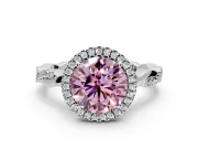 Halo Engagement Ring Setting for Fancy Pink Round Cut Center with Pave and Plain Twist Band and Prong Head in White Gold