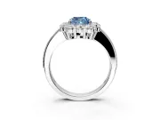 Halo Engagement Ring Setting for Fancy Blue Cushion Cut Center with Milgrain Channel Band and Prong Head in White Gold