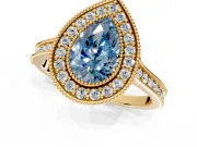 Halo Engagement Ring Setting for Fancy Blue Pear-Shaped Center with Milgrain Pave Band and Bezel Head in Yellow Gold