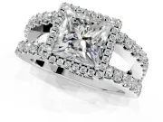 Halo Engagement Ring Setting for Princess Cut Center with Wide-Open Pave Split Shank and Prong Head in Platinum