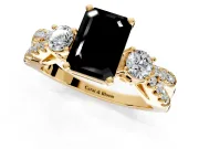 3 Stone Engagement Ring Setting for Fancy Black Emerald Cut Center with Pave Split Shank and Prong Head in Yellow Gold