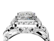 Halo Engagement Ring Setting for Princess Cut Center with Open Scroll Shoulders and Prong Head in Sterling Silver