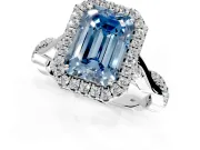 Halo Engagement Ring Setting for Fancy Blue Emerald Cut Center with Twist Band and Prong Head in Platinum