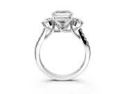 3 Stone Engagement Ring Setting for Asscher Cut Center with Crossover Basket, Pave Band and Prong Head in Platinum