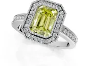 Halo Engagement Ring Setting for Fancy Yellow Emerald Cut Center with Milgrain Halo, Pave Band and Prong Head in Platinum