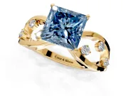 Solitaire Engagement Ring Setting for Fancy Blue Princess Cut Center with Criss-Cross Accent Band and Prong Head in Yellow Gold