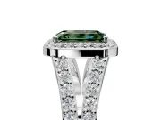 Halo Engagement Ring Setting for Fancy Green Emerald Cut Center with Narrow Pave Split Shank and Prong Head in White Gold
