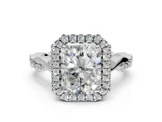 Halo Engagement Ring Setting for Radiant Cut Center with Twist Band and Prong Head in Platinum