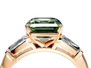 3 Stone Engagement Ring Setting for Fancy Green Asscher Cut Center with Tapered Baguettes, Plain Band and Prong Head in Rose Gold