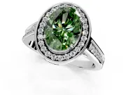 Halo Engagement Ring Setting for Fancy Green Oval Center with Outer Bezel Rim, Pave Band and Prong Head in Sterling Silver