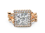 Halo Engagement Ring Setting for Princess Cut Center with Leaf Motif Split Shank and Prong Head in Rose Gold