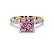 Baguette Engagement Ring Setting for Fancy Pink Princess Cut Center with Alternating Bar-Set Band and Prong Head in Yellow Gold