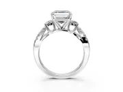 3 Stone Engagement Ring Setting for Asscher Cut Center with Pave Split Shank and Prong Head in Platinum