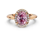 Halo Engagement Ring Setting for Fancy Pink Oval Center with Tapered Plain Band and Prong Head in Rose Gold