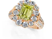 Large Accent Halo Engagement Ring Setting for Fancy Yellow Emerald Cut Center with Pave Split Shank and Prong Head in Rose Gold