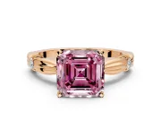 Solitaire Engagement Ring Setting for Fancy Pink Asscher Cut Center with Carved Leaf Shoulders and Prong Head in Rose Gold