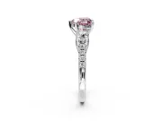 3 Stone Engagement Ring Setting for Fancy Pink Heart-Shaped Center with Crossover Basket, Pave Band and Prong Head in Sterling Silver