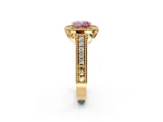 Milgrain Halo Engagement Ring Setting for Fancy Pink Cushion Cut Center with Pave Band and Prong Head in Yellow Gold