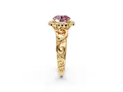 Halo Engagement Ring Setting for Fancy Pink Round Cut Center with Open Scroll Shoulders and Prong Head in Yellow Gold