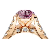 Solitaire Engagement Ring Setting for Fancy Pink Round Cut Center with Pave Cathedral Shoulders and Prong Head in Rose Gold