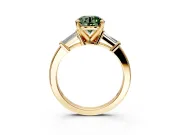 3 Stone Engagement Ring Setting for Fancy Green Round Cut Center with Channel Baguette Accents and Prong Head in Yellow Gold