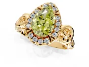 Halo Engagement Ring Setting for Fancy Yellow Pear-Shaped Center with Open Scroll Shoulders and Prong Head in Yellow Gold