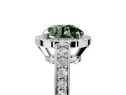 Bezel-Framed Halo Engagement Ring Setting for Fancy Green Round Cut Center with Pave Band and Prong Head in Platinum