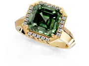 Halo Engagement Ring Setting for Fancy Green Asscher Cut Center with Knife Ridge Cathedral Band and Prong Head in Yellow Gold
