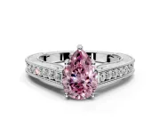 Solitaire Engagement Ring Setting for Fancy Pink Pear-Shaped Center with Engraved Pave Band and Prong Head in White Gold