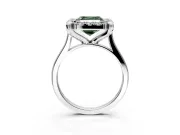 Single Halo Engagement Ring Setting for Fancy Green Asscher Cut Center with Corner Claws, Plain Band and Prong Head in Sterling Silver