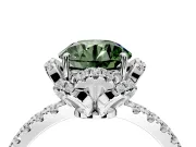 Halo Engagement Ring Setting for Fancy Green Round Cut Center with Openwork Halo, Pave Band and Prong Head in White Gold