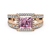 Halo Engagement Ring Setting for Fancy Pink Princess Cut Center with Wide-Open Pave Split Shank and Prong Head in Rose Gold
