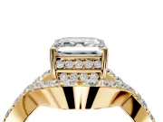 Halo Engagement Ring Setting for Asscher Cut Center with Pave Infinity Twist Band and Prong Head in Yellow Gold