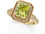Milgrain Halo Engagement Ring Setting for Fancy Yellow Radiant Cut Center with Three-Sided Pave Band and Prong Head in Yellow Gold