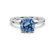 Low-Set Solitaire Engagement Ring Setting for Fancy Blue Cushion Cut Center with Thin Plain Band and Prong Head in Sterling Silver