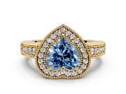 Milgrain Halo Engagement Ring Setting for Fancy Blue Heart-Shaped Center with Pave Band and Prong Head in Yellow Gold