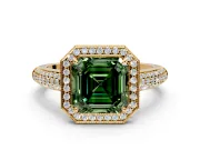 Milgrain Halo Engagement Ring Setting for Fancy Green Asscher Cut Center with Three-Sided Pave Band and Prong Head in Yellow Gold