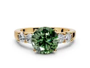 5 Stone Engagement Ring Setting for Fancy Green Round Cut Center with Plain Band and Prong Head in Yellow Gold
