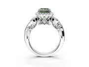 Bypass Halo Engagement Ring Setting for Fancy Green Princess Cut Center with Bezel Accents, Milgrain and Prong Head in Sterling Silver