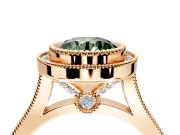 Halo Engagement Ring Setting for Fancy Green Round Cut Center with Milgrain Frame, Pave Band and Prong Head in Rose Gold