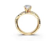 Solitaire Engagement Ring Setting for Cushion Cut Center with Woven 3-Strand Pave Band and Prong Head in Yellow Gold